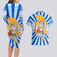 Greece Christmas Couples Matching Long Sleeve Bodycon Dress and Hawaiian Shirt with Zeus Santa Greek Flag Lightning Bolt Gift Bag and Blue Yellow Pattern Design - Wonder Print Shop