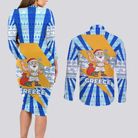Greece Christmas Couples Matching Long Sleeve Bodycon Dress and Long Sleeve Button Shirt with Zeus Santa Greek Flag Lightning Bolt Gift Bag and Blue Yellow Pattern Design - Wonder Print Shop