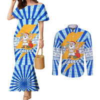 Greece Christmas Couples Matching Mermaid Dress and Long Sleeve Button Shirt with Zeus Santa Greek Flag Lightning Bolt Gift Bag and Blue Yellow Pattern Design - Wonder Print Shop
