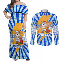 Greece Christmas Couples Matching Off Shoulder Maxi Dress and Long Sleeve Button Shirt with Zeus Santa Greek Flag Lightning Bolt Gift Bag and Blue Yellow Pattern Design - Wonder Print Shop