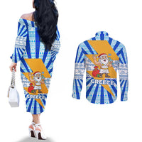 Greece Christmas Couples Matching Off The Shoulder Long Sleeve Dress and Long Sleeve Button Shirt with Zeus Santa Greek Flag Lightning Bolt Gift Bag and Blue Yellow Pattern Design - Wonder Print Shop