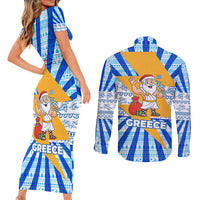 Greece Christmas Couples Matching Short Sleeve Bodycon Dress and Long Sleeve Button Shirt with Zeus Santa Greek Flag Lightning Bolt Gift Bag and Blue Yellow Pattern Design - Wonder Print Shop
