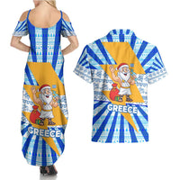 Greece Christmas Couples Matching Summer Maxi Dress and Hawaiian Shirt with Zeus Santa Greek Flag Lightning Bolt Gift Bag and Blue Yellow Pattern Design - Wonder Print Shop