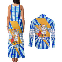 Greece Christmas Couples Matching Tank Maxi Dress and Long Sleeve Button Shirt with Zeus Santa Greek Flag Lightning Bolt Gift Bag and Blue Yellow Pattern Design - Wonder Print Shop
