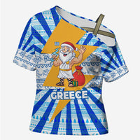 Greece Christmas Cross Shoulder Shirt with Zeus Santa Greek Flag Lightning Bolt Gift Bag and Blue Yellow Pattern Design - Wonder Print Shop