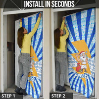 Greece Christmas Door Cover with Zeus Santa Greek Flag Lightning Bolt Gift Bag and Blue Yellow Pattern Design - Wonder Print Shop