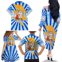 Greece Christmas Family Matching Off The Shoulder Long Sleeve Dress and Hawaiian Shirt with Zeus Santa Greek Flag Lightning Bolt Gift Bag and Blue Yellow Pattern Design - Wonder Print Shop
