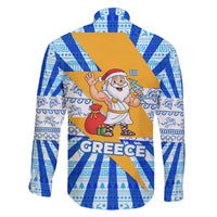 Greece Christmas Family Matching Off The Shoulder Long Sleeve Dress and Hawaiian Shirt with Zeus Santa Greek Flag Lightning Bolt Gift Bag and Blue Yellow Pattern Design - Wonder Print Shop