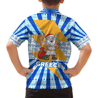 Greece Christmas Family Matching Off Shoulder Maxi Dress and Hawaiian Shirt with Zeus Santa Greek Flag Lightning Bolt Gift Bag and Blue Yellow Pattern Design - Wonder Print Shop