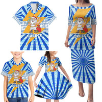 Greece Christmas Family Matching Puletasi and Hawaiian Shirt with Zeus Santa Greek Flag Lightning Bolt Gift Bag and Blue Yellow Pattern Design - Wonder Print Shop