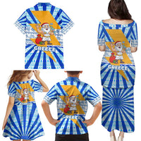 Greece Christmas Family Matching Puletasi and Hawaiian Shirt with Zeus Santa Greek Flag Lightning Bolt Gift Bag and Blue Yellow Pattern Design - Wonder Print Shop