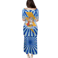 Greece Christmas Family Matching Puletasi and Hawaiian Shirt with Zeus Santa Greek Flag Lightning Bolt Gift Bag and Blue Yellow Pattern Design - Wonder Print Shop