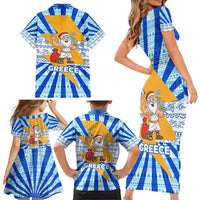 Greece Christmas Family Matching Short Sleeve Bodycon Dress and Hawaiian Shirt with Zeus Santa Greek Flag Lightning Bolt Gift Bag and Blue Yellow Pattern Design - Wonder Print Shop