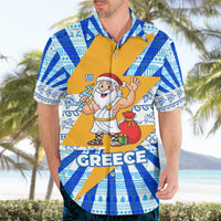 Greece Christmas Hawaiian Shirt with Zeus Santa Greek Flag Lightning Bolt Gift Bag and Blue Yellow Pattern Design - Wonder Print Shop