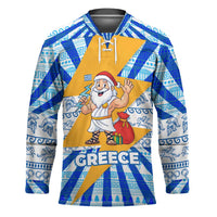 Greece Christmas Hockey Jersey with Zeus Santa Greek Flag Lightning Bolt Gift Bag and Blue Yellow Pattern Design - Wonder Print Shop