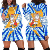 Greece Christmas Hoodie Dress with Zeus Santa Greek Flag Lightning Bolt Gift Bag and Blue Yellow Pattern Design - Wonder Print Shop