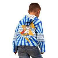 Greece Christmas Kid Hoodie with Zeus Santa Greek Flag Lightning Bolt Gift Bag and Blue Yellow Pattern Design - Wonder Print Shop