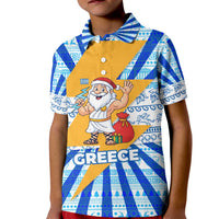 Greece Christmas Kid Polo Shirt with Zeus Santa Greek Flag Lightning Bolt Gift Bag and Blue Yellow Pattern Design - Wonder Print Shop