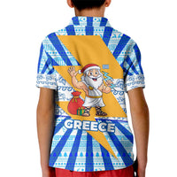 Greece Christmas Kid Polo Shirt with Zeus Santa Greek Flag Lightning Bolt Gift Bag and Blue Yellow Pattern Design - Wonder Print Shop