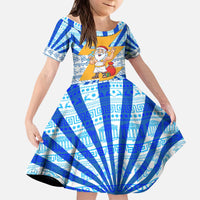 Greece Christmas Kid Short Sleeve Dress with Zeus Santa Greek Flag Lightning Bolt Gift Bag and Blue Yellow Pattern Design - Wonder Print Shop