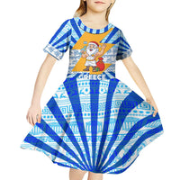Greece Christmas Kid Short Sleeve Dress with Zeus Santa Greek Flag Lightning Bolt Gift Bag and Blue Yellow Pattern Design - Wonder Print Shop
