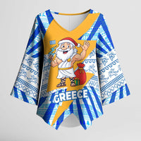 Greece Christmas Kimono Sleeve Blouse with Zeus Santa Greek Flag Lightning Bolt Gift Bag and Blue Yellow Pattern Design - Wonder Print Shop