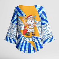 Greece Christmas Kimono Sleeve Blouse with Zeus Santa Greek Flag Lightning Bolt Gift Bag and Blue Yellow Pattern Design - Wonder Print Shop