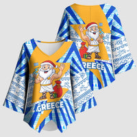 Greece Christmas Kimono Sleeve Blouse with Zeus Santa Greek Flag Lightning Bolt Gift Bag and Blue Yellow Pattern Design - Wonder Print Shop