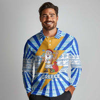 Greece Christmas Long Sleeve Polo Shirt with Zeus Santa Greek Flag Lightning Bolt Gift Bag and Blue Yellow Pattern Design - Wonder Print Shop