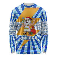 Greece Christmas Long Sleeve Shirt with Zeus Santa Greek Flag Lightning Bolt Gift Bag and Blue Yellow Pattern Design - Wonder Print Shop