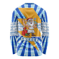 Greece Christmas Long Sleeve Shirt with Zeus Santa Greek Flag Lightning Bolt Gift Bag and Blue Yellow Pattern Design - Wonder Print Shop