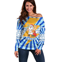 Greece Christmas Off Shoulder Sweater with Zeus Santa Greek Flag Lightning Bolt Gift Bag and Blue Yellow Pattern Design - Wonder Print Shop