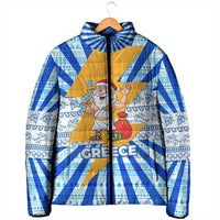 Greece Christmas Padded Jacket with Zeus Santa Greek Flag Lightning Bolt Gift Bag and Blue Yellow Pattern Design - Wonder Print Shop