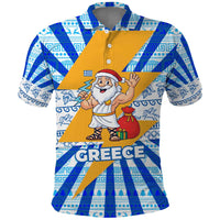 Greece Christmas Polo Shirt with Zeus Santa Greek Flag Lightning Bolt Gift Bag and Blue Yellow Pattern Design - Wonder Print Shop