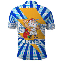 Greece Christmas Polo Shirt with Zeus Santa Greek Flag Lightning Bolt Gift Bag and Blue Yellow Pattern Design - Wonder Print Shop