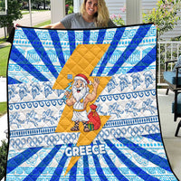 Greece Christmas Quilt with Zeus Santa Greek Flag Lightning Bolt Gift Bag and Blue Yellow Pattern Design - Wonder Print Shop