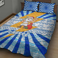 Greece Christmas Quilt Bed Set with Zeus Santa Greek Flag Lightning Bolt Gift Bag and Blue Yellow Pattern Design - Wonder Print Shop