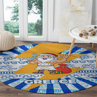 Greece Christmas Round Carpet with Zeus Santa Greek Flag Lightning Bolt Gift Bag and Blue Yellow Pattern Design - Wonder Print Shop