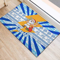 Greece Christmas Rubber Doormat with Zeus Santa Greek Flag Lightning Bolt Gift Bag and Blue Yellow Pattern Design - Wonder Print Shop