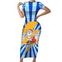 Greece Christmas Short Sleeve Bodycon Dress with Zeus Santa Greek Flag Lightning Bolt Gift Bag and Blue Yellow Pattern Design - Wonder Print Shop