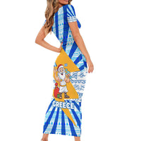 Greece Christmas Short Sleeve Bodycon Dress with Zeus Santa Greek Flag Lightning Bolt Gift Bag and Blue Yellow Pattern Design - Wonder Print Shop