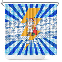Greece Christmas Shower Curtain with Zeus Santa Greek Flag Lightning Bolt Gift Bag and Blue Yellow Pattern Design - Wonder Print Shop