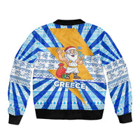 Greece Christmas Sleeve Zip Bomber Jacket with Zeus Santa Greek Flag Lightning Bolt Gift Bag and Blue Yellow Pattern Design - Wonder Print Shop