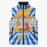 Greece Christmas Sleeveless Puffer Jacket with Zeus Santa Greek Flag Lightning Bolt Gift Bag and Blue Yellow Pattern Design - Wonder Print Shop