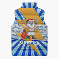 Greece Christmas Sleeveless Puffer Jacket with Zeus Santa Greek Flag Lightning Bolt Gift Bag and Blue Yellow Pattern Design - Wonder Print Shop