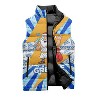Greece Christmas Sleeveless Puffer Jacket with Zeus Santa Greek Flag Lightning Bolt Gift Bag and Blue Yellow Pattern Design - Wonder Print Shop