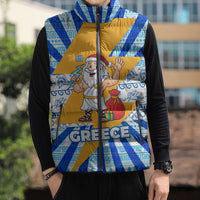 Greece Christmas Sleeveless Puffer Jacket with Zeus Santa Greek Flag Lightning Bolt Gift Bag and Blue Yellow Pattern Design - Wonder Print Shop