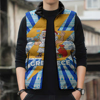 Greece Christmas Sleeveless Puffer Jacket with Zeus Santa Greek Flag Lightning Bolt Gift Bag and Blue Yellow Pattern Design - Wonder Print Shop
