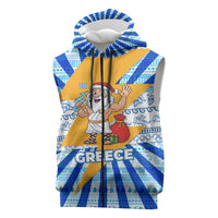Greece Christmas Sleeveless Zip Hoodie with Zeus Santa Greek Flag Lightning Bolt Gift Bag and Blue Yellow Pattern Design - Wonder Print Shop