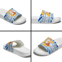 Greece Christmas Slide Sandals with Zeus Santa Greek Flag Lightning Bolt Gift Bag and Blue Yellow Pattern Design - Wonder Print Shop